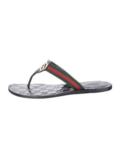 Pre-owned Gucci Web Accent Leather Flip Flops In Green