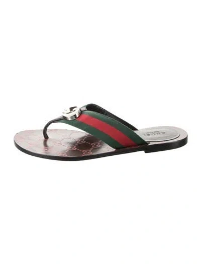 Pre-owned Gucci Web Accent Leather Flip Flops In Green