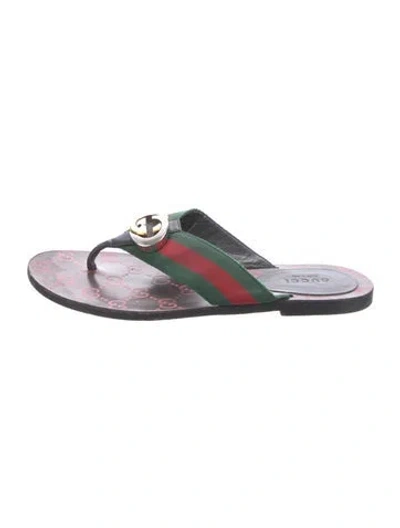 Pre-owned Gucci Web Accent Leather Flip Flops In Green