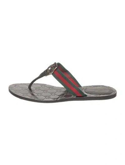 Pre-owned Gucci Web Accent Leather Flip Flops In Grey