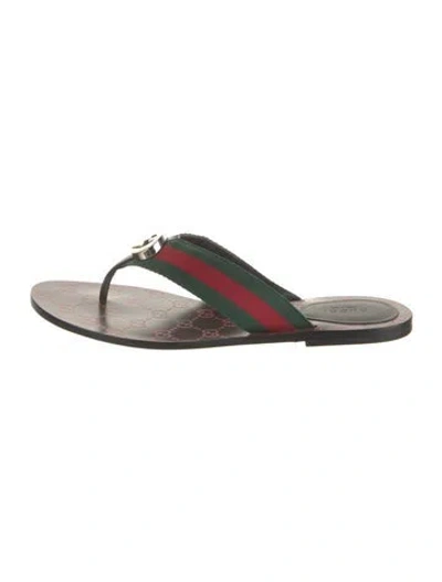Pre-owned Gucci Web Accent Leather Flip Flops W/ Tags In Green