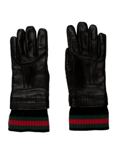 Pre-owned Gucci Web Accent Leather Gloves In Black