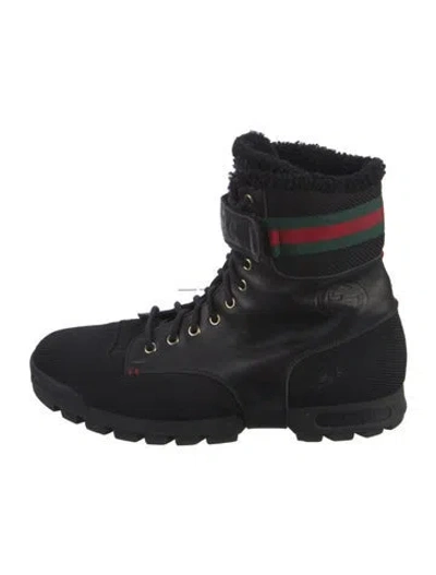 Pre-owned Gucci Web Accent Leather Lace-up Boots In Black
