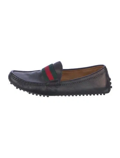Pre-owned Gucci Web Accent Leather Loafers In Black
