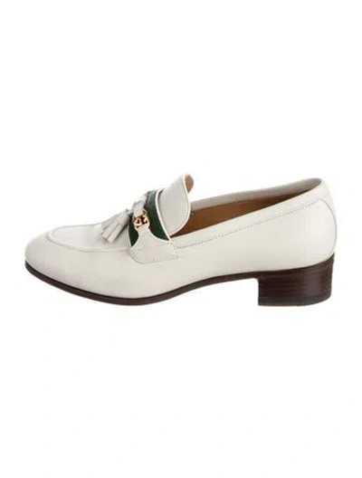 Pre-owned Gucci Web Accent Leather Loafers In White