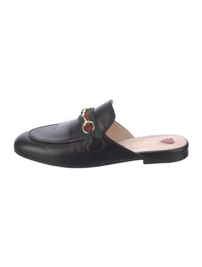 Pre-owned Gucci Web Accent Leather Mules In Black