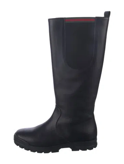 Pre-owned Gucci Web Accent Leather Rain Boots In Black
