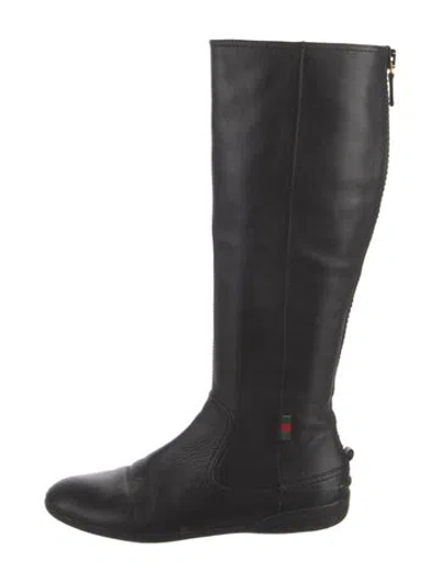Pre-owned Gucci Web Accent Leather Riding Boots In Black