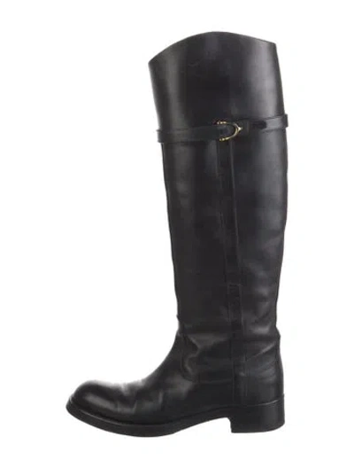 Pre-owned Gucci Web Accent Leather Riding Boots In Black