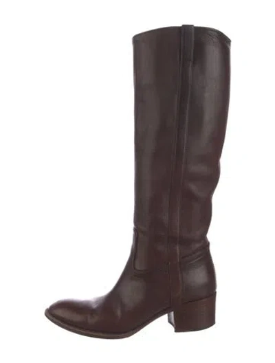Pre-owned Gucci Web Accent Leather Riding Boots In Brown