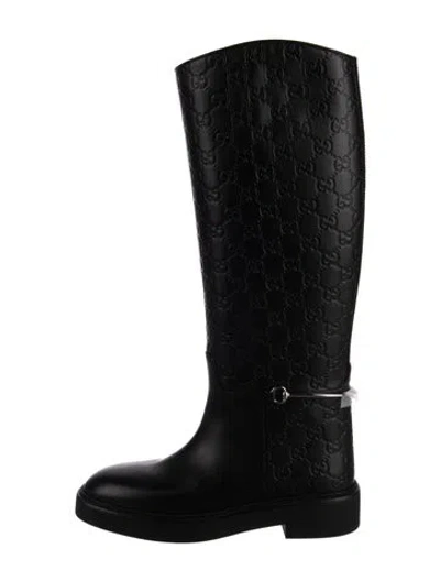 Pre-owned Gucci Web Accent Leather Riding Boots W/ Tags In Black