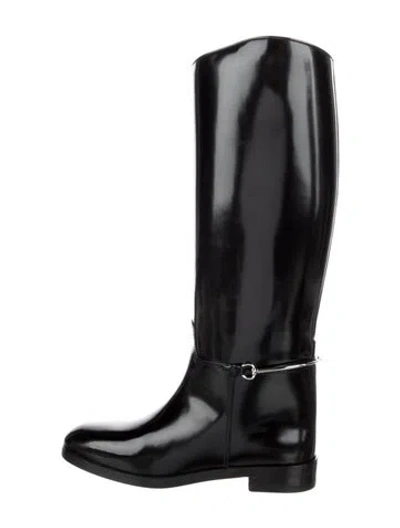 Pre-owned Gucci Web Accent Leather Riding Boots W/ Tags In Black