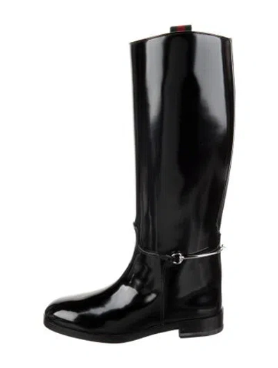 Pre-owned Gucci Web Accent Leather Riding Boots W/ Tags In Black