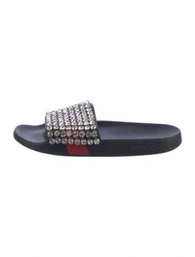 Pre-owned Gucci Web Accent Leather Slides In Black