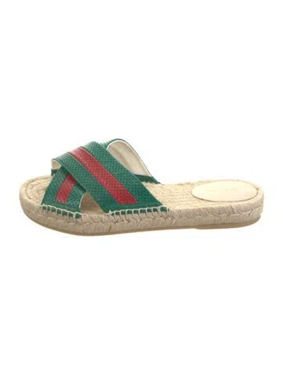 Pre-owned Gucci Web Accent Leather Slides In Green