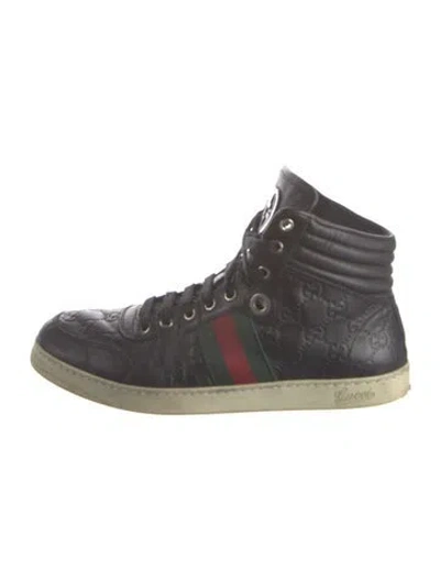 Pre-owned Gucci Web Accent Leather Sneakers In Black