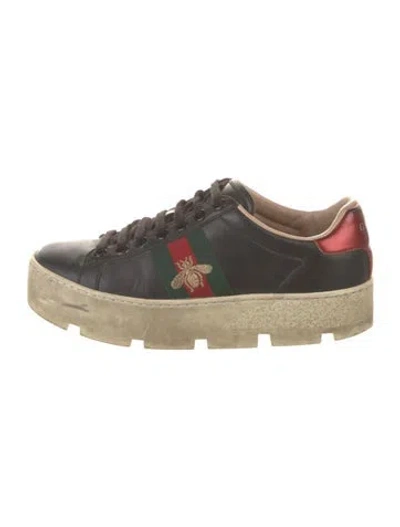 Pre-owned Gucci Web Accent Leather Sneakers In Black