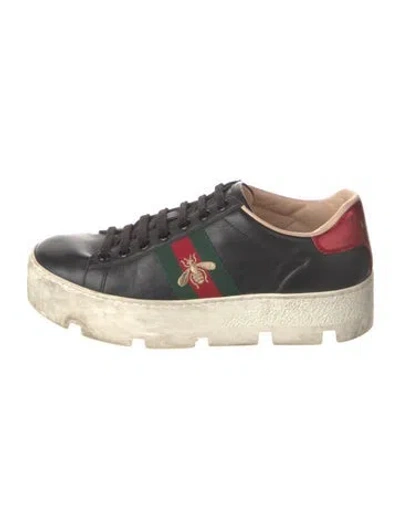 Pre-owned Gucci Web Accent Leather Sneakers In Black