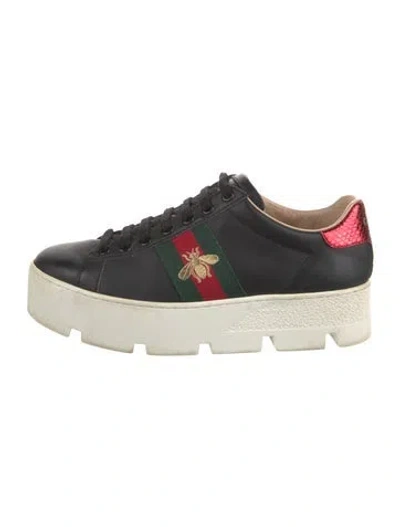 Pre-owned Gucci Web Accent Leather Sneakers In Black