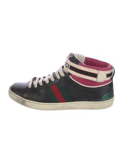 Pre-owned Gucci Web Accent Leather Sneakers In Black
