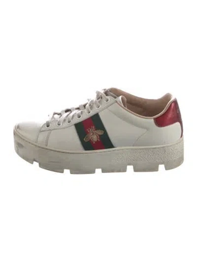 Pre-owned Gucci Web Accent Leather Sneakers In White