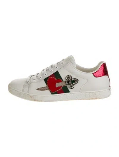Pre-owned Gucci Web Accent Leather Sneakers In White