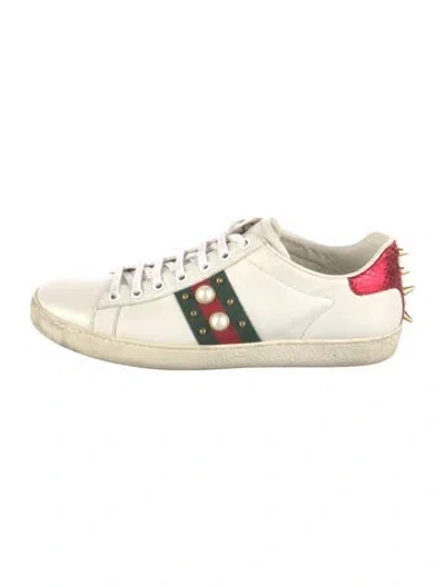 Pre-owned Gucci Web Accent Leather Sneakers In White