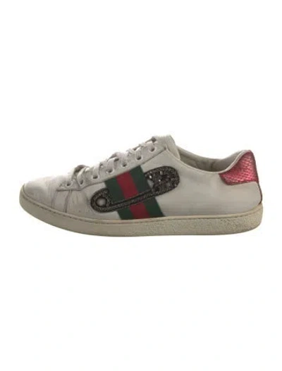 Pre-owned Gucci Web Accent Leather Sneakers In White
