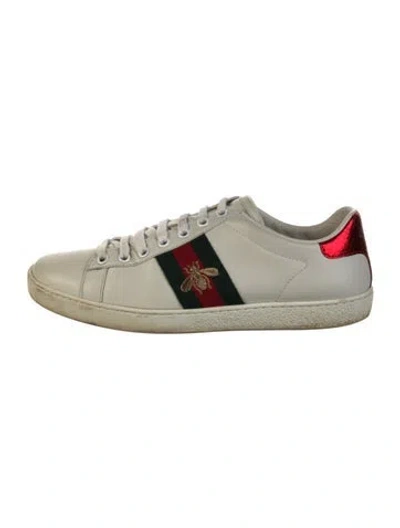 Pre-owned Gucci Web Accent Leather Sneakers In White