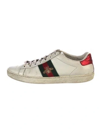 Pre-owned Gucci Web Accent Leather Sneakers In White
