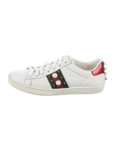 Pre-owned Gucci Web Accent Leather Sneakers In White
