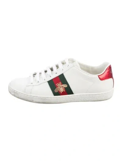 Pre-owned Gucci Web Accent Leather Sneakers In White
