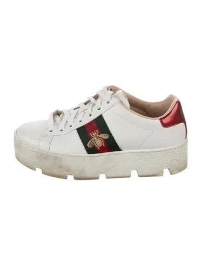 Pre-owned Gucci Web Accent Leather Sneakers In White