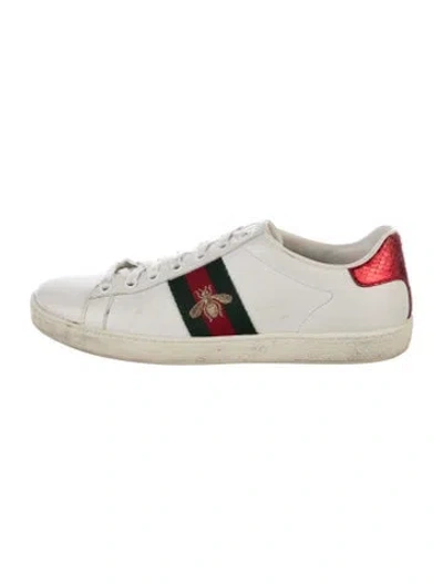 Pre-owned Gucci Web Accent Leather Sneakers In White