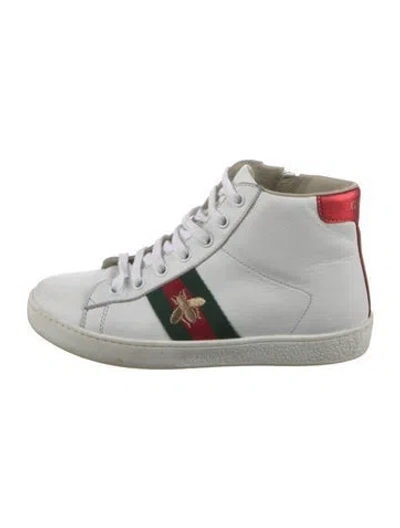 Pre-owned Gucci Kids' Web Accent Leather Sneakers In White