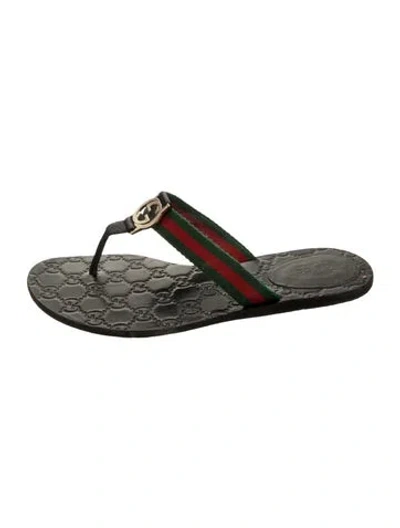 Pre-owned Gucci Web Accent Leather Trim Embellishment Flip Flops In Green