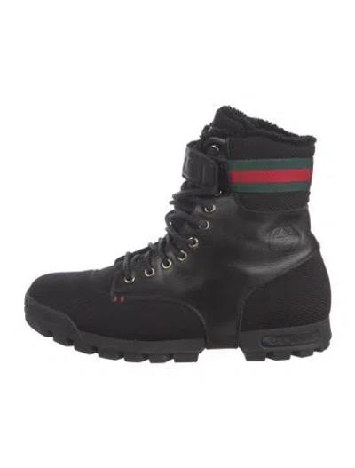 Pre-owned Gucci Web Accent Leather Trim Embellishment Hiking Boots In Black