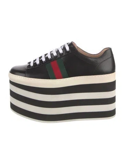 Pre-owned Gucci Web Accent Leather Wedge Sneakers In Black