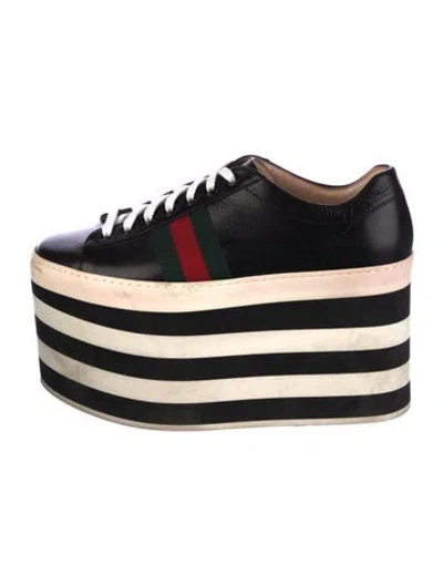 Pre-owned Gucci Web Accent Leather Wedge Sneakers In Black
