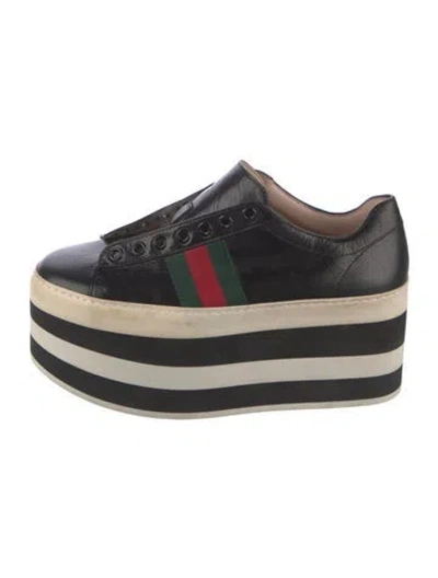 Pre-owned Gucci Web Accent Leather Wedge Sneakers In Black