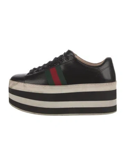 Pre-owned Gucci Web Accent Leather Wedge Sneakers In Black