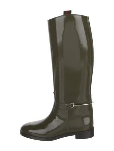 Pre-owned Gucci Web Accent Rubber Rain Boots In Green
