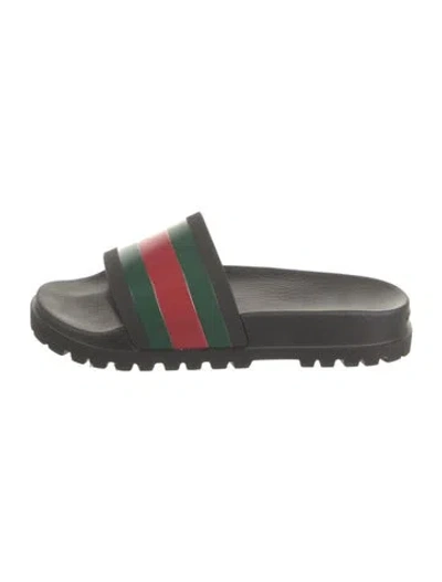 Pre-owned Gucci Web Accent Rubber Slides W/ Tags In Black