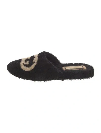 Pre-owned Gucci Web Accent Shearling Slides In Black