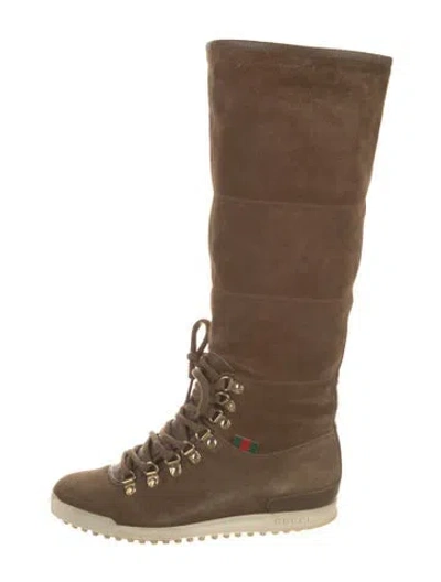 Pre-owned Gucci Web Accent Suede Lace-up Boots In Brown
