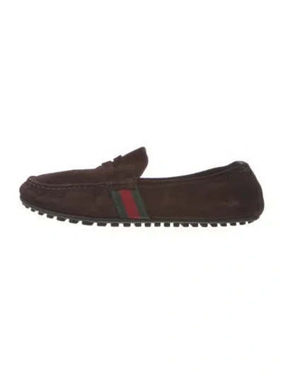 Pre-owned Gucci Web Accent Suede Loafers In Brown