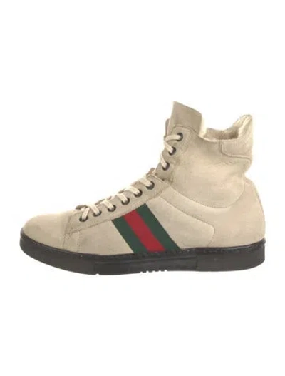 Pre-owned Gucci Web Accent Suede Wedge Sneakers In Neutral