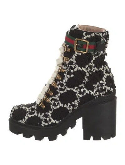 Pre-owned Gucci Web Accent Tweed Combat Boots In Black