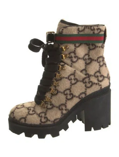 Pre-owned Gucci Web Accent Wool Combat Boots In Brown