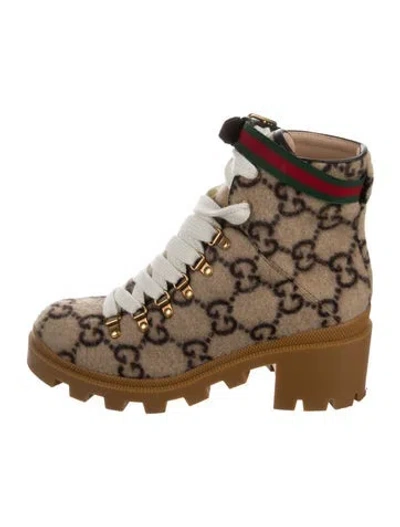 Pre-owned Gucci Web Accent Wool Combat Boots In Neutral
